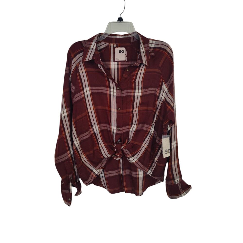 Sonoma Button Up Top Women's Size M Red White Purple Long Sleeve Collared Plaid